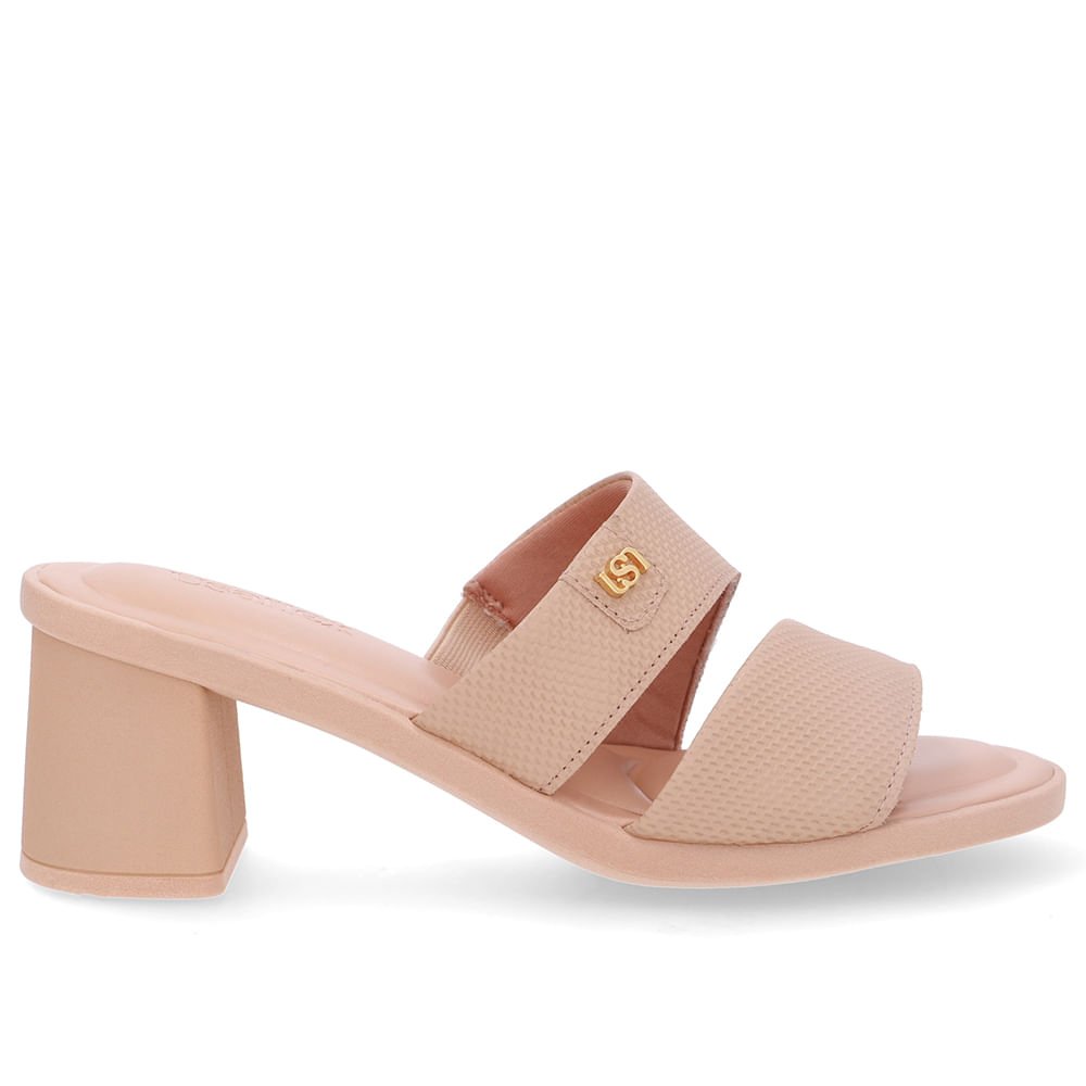 Tamanco Salto Bloco Couro Bege Duas Tiras