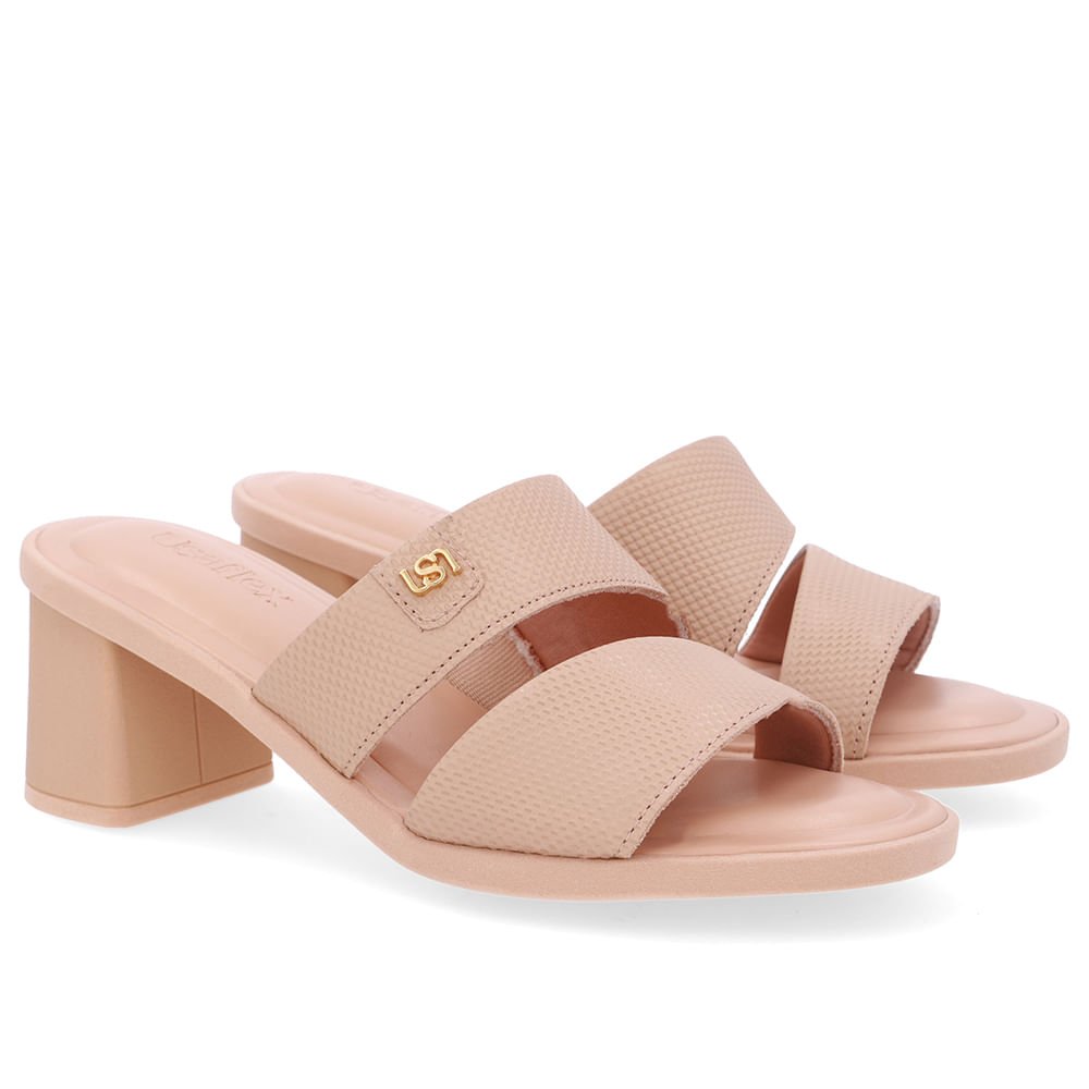 Tamanco Salto Bloco Couro Bege Duas Tiras Bege 2