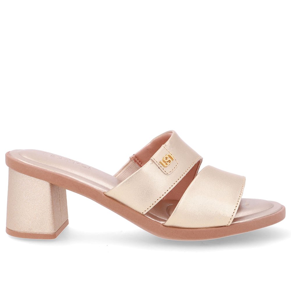 Tamanco Salto Bloco Couro Dourado Duas Tiras