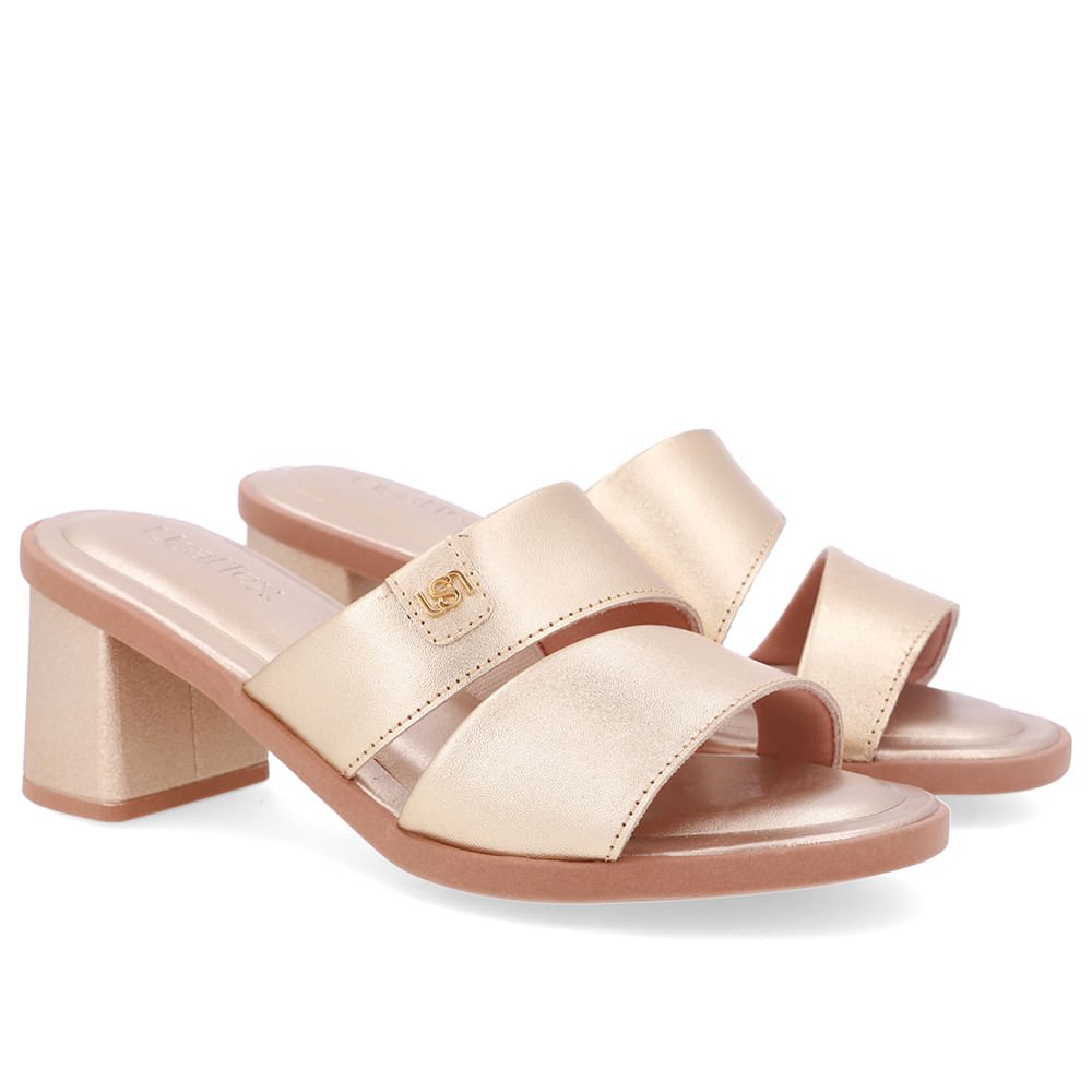 Tamanco Salto Bloco Couro Dourado Duas Tiras Dourado 2