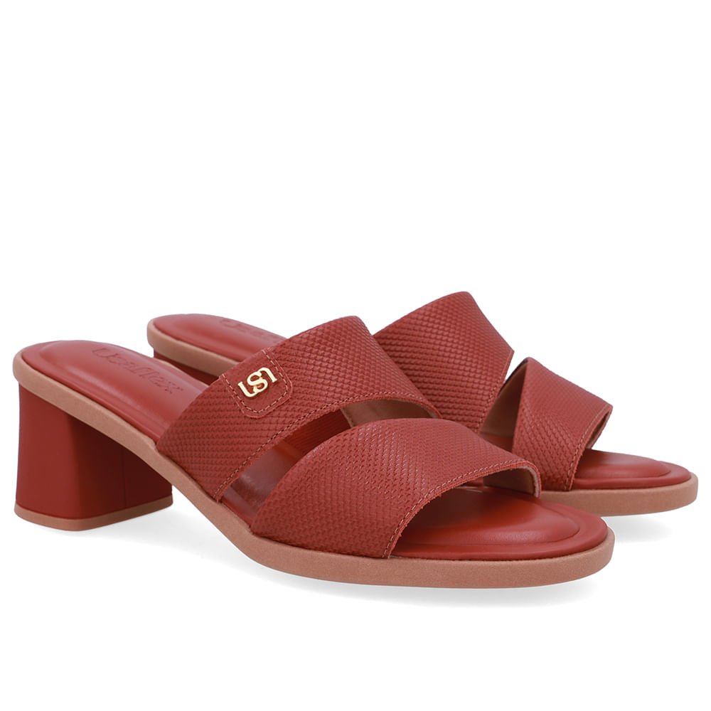 Tamanco Salto Bloco Couro Marrom Duas Tiras Marrom 2