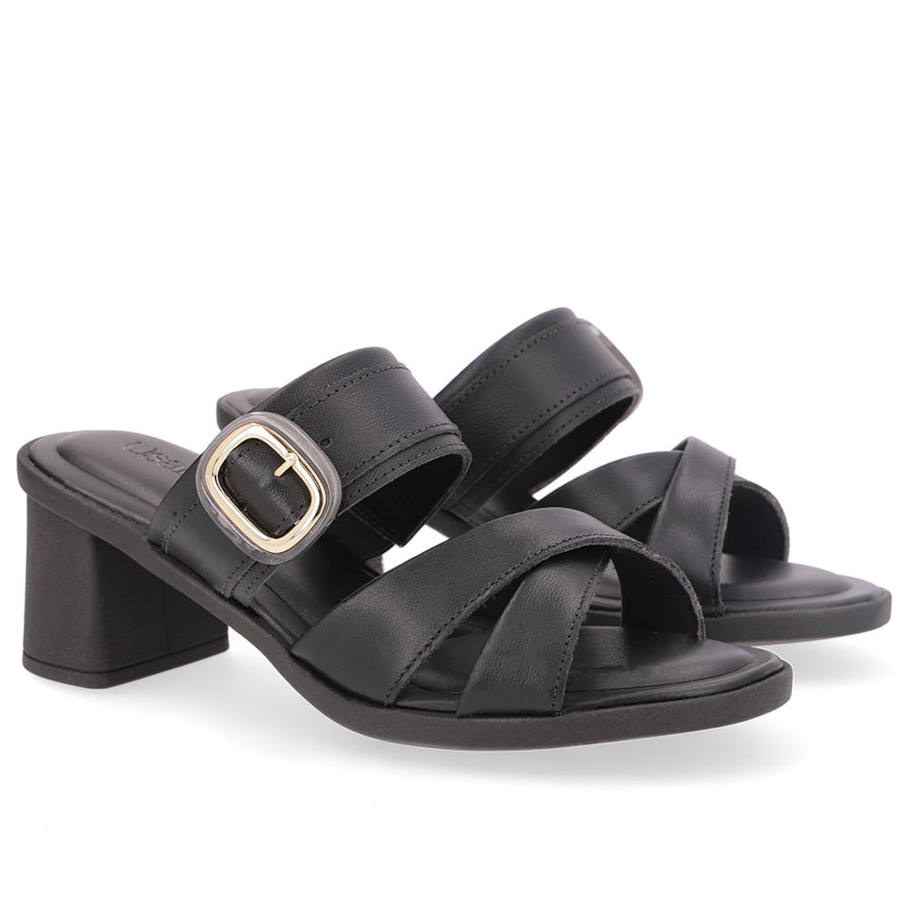 Tamanco Salto Bloco Couro Preto Tira Cruzada Preto 2