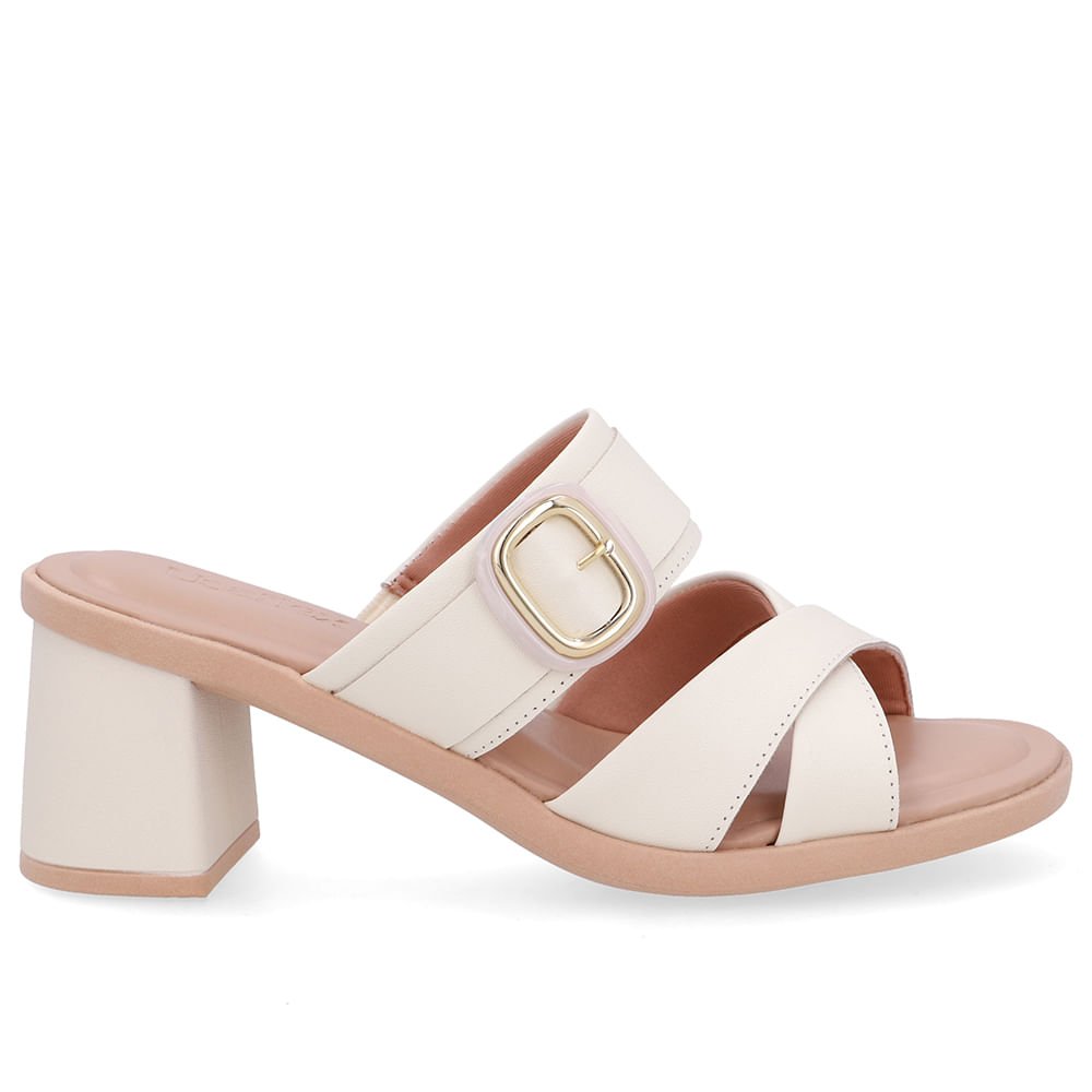 Tamanco Salto Bloco Couro Branco Marfim Tira Cruzada