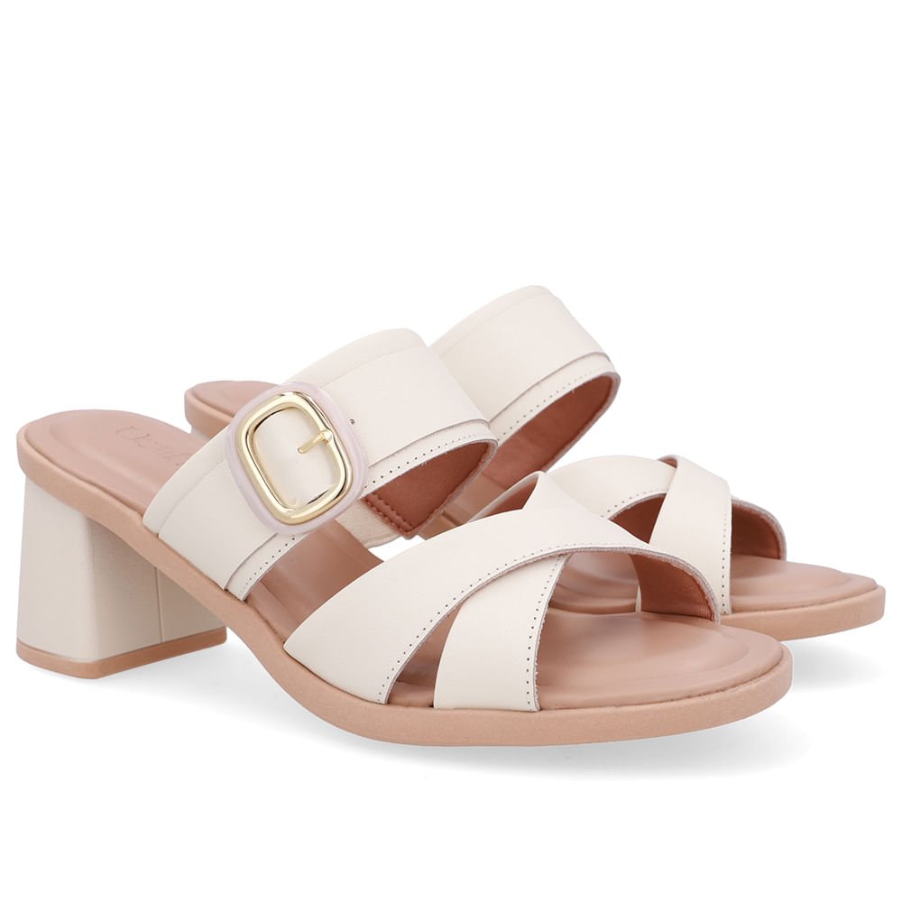 Tamanco Salto Bloco Couro Branco Marfim Tira Cruzada Branco 2