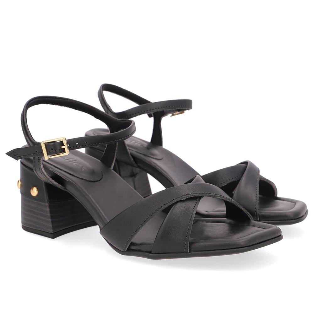 Sandália Salto Bloco Couro Preta Esferas Preto 2