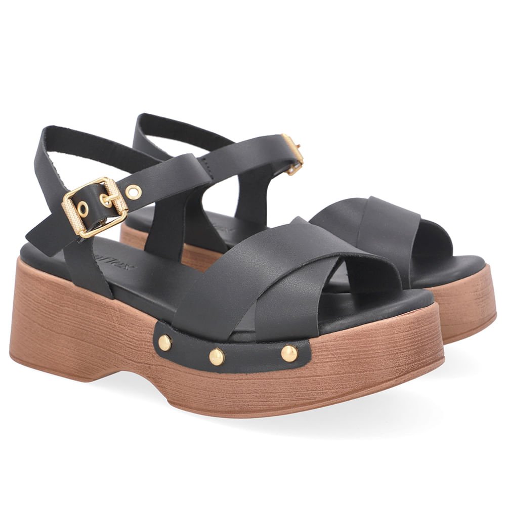 Sandália Bico Quadrado Couro Preta Preto 2