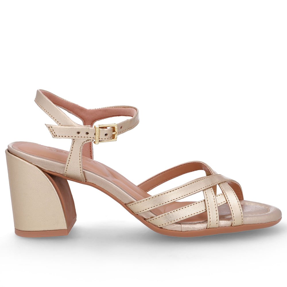 Sandália Bico Redondo Couro Dourada Tiras