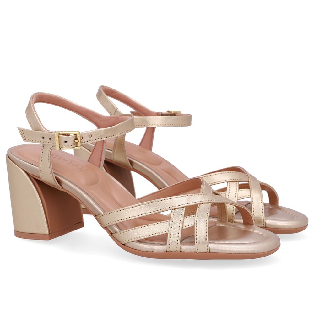 Sandália Bico Redondo Couro Dourada Tiras Dourado 2