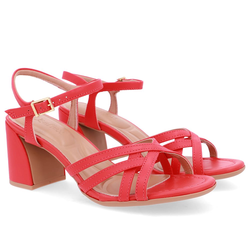 Sandália Bico Redondo Couro Vermelha Tiras Vermelho 2