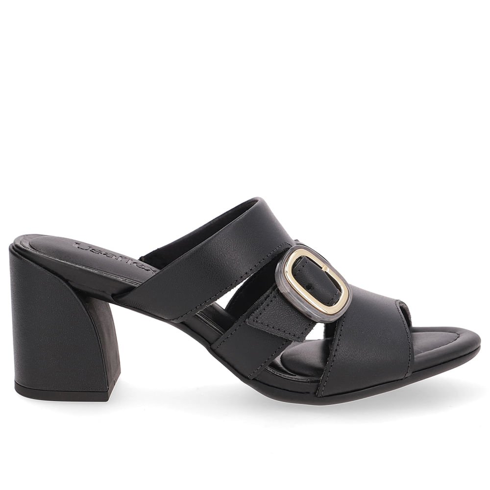 Tamanco Salto Bloco Couro Preto Fivela