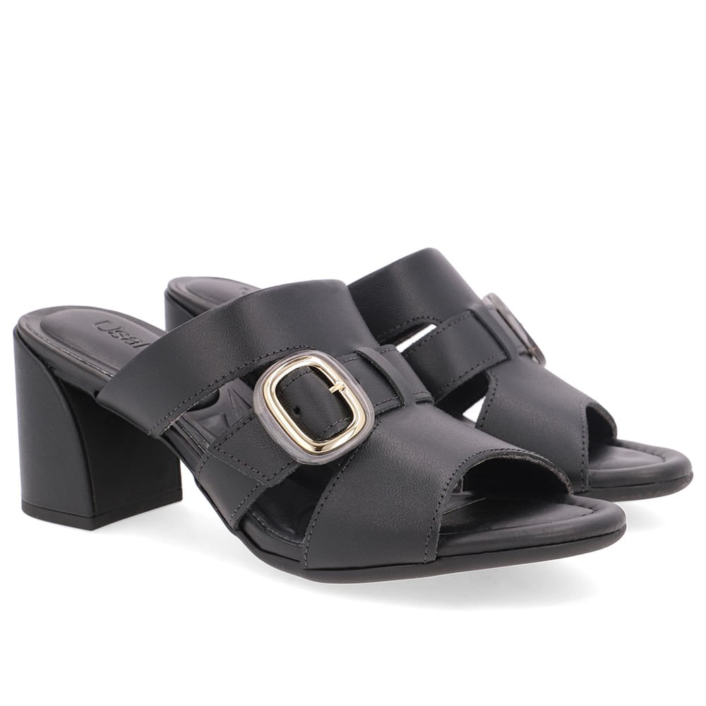 Tamanco Salto Bloco Couro Preto Fivela Preto 2