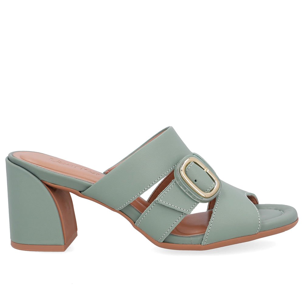 Tamanco Salto Bloco Couro Verde Fivela