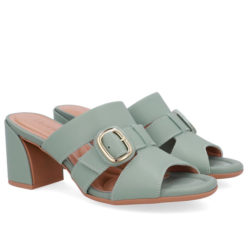 Tamanco Salto Bloco Couro Verde Fivela Verde 2