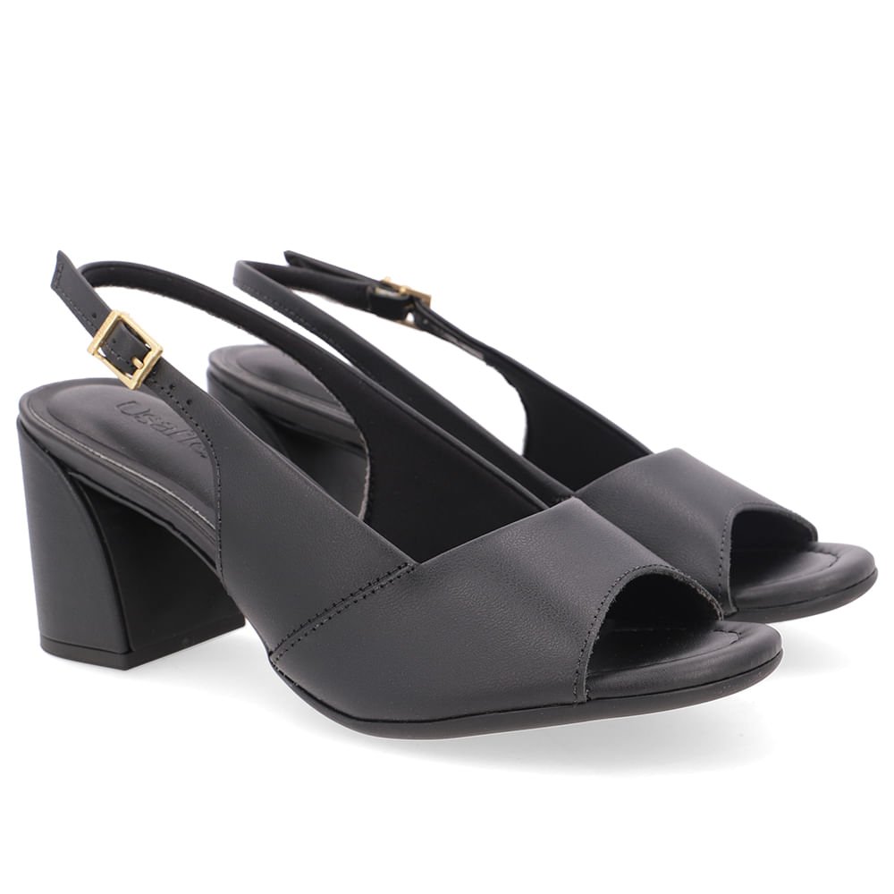 Sandália Salto Bloco Couro Preta Básica Preto 2