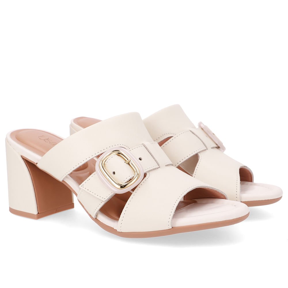 Tamanco Salto Bloco Couro Branco Marfim Fivela Branco 2