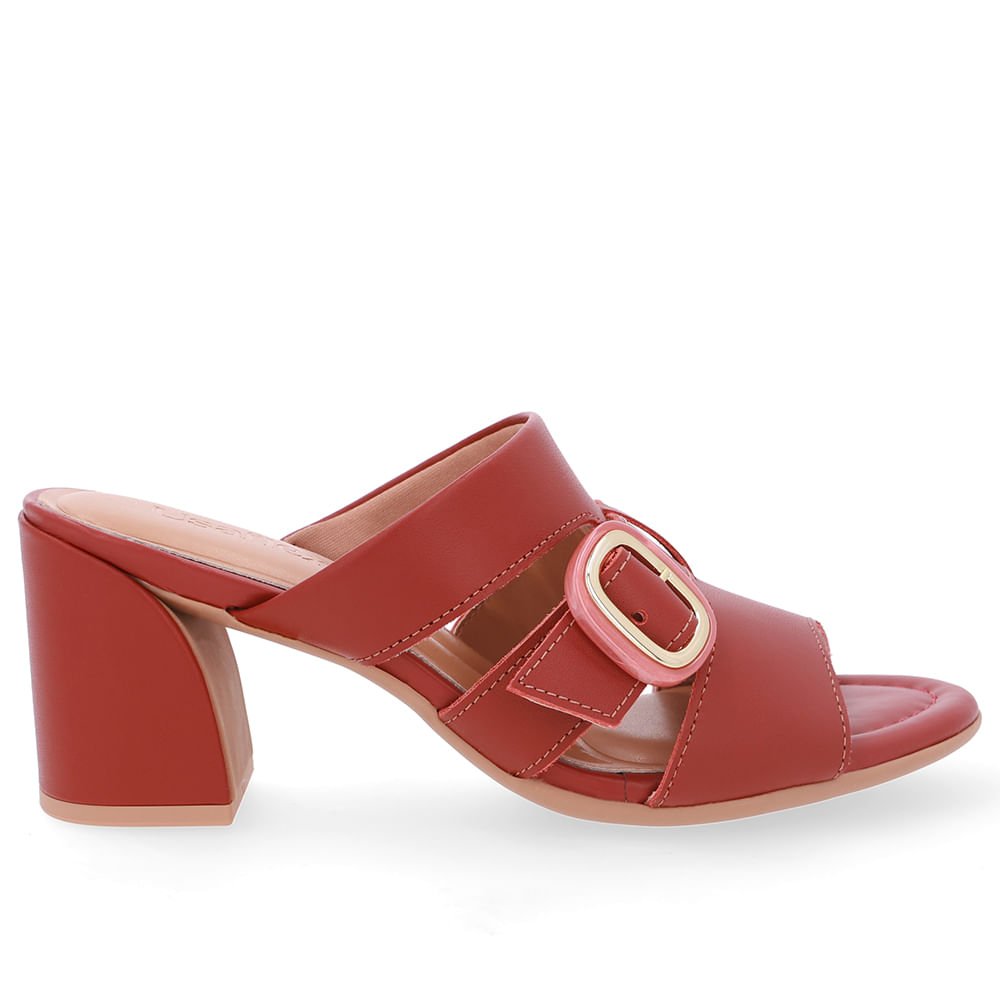 Tamanco Salto Bloco Couro Marrom Fivela