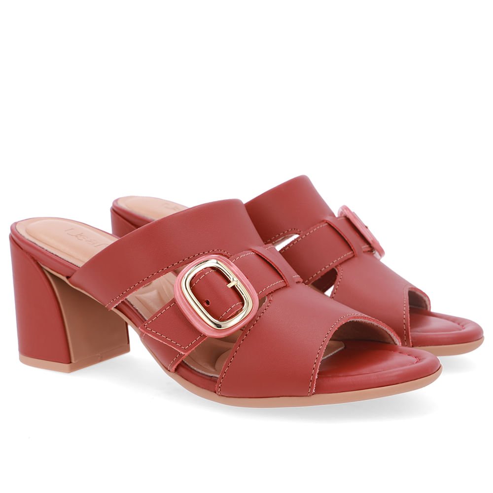 Tamanco Salto Bloco Couro Marrom Fivela Marrom 2