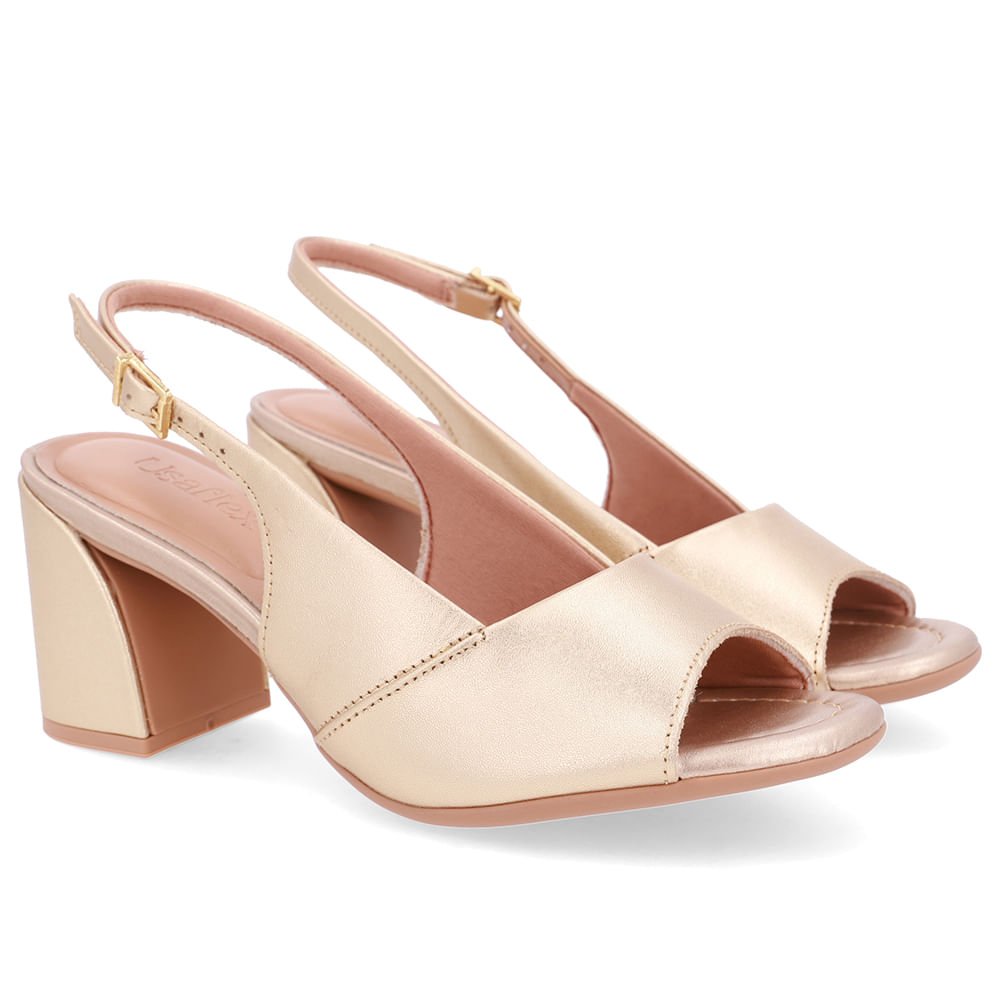 Sandália Salto Bloco Couro Dourada Básica Dourado 2