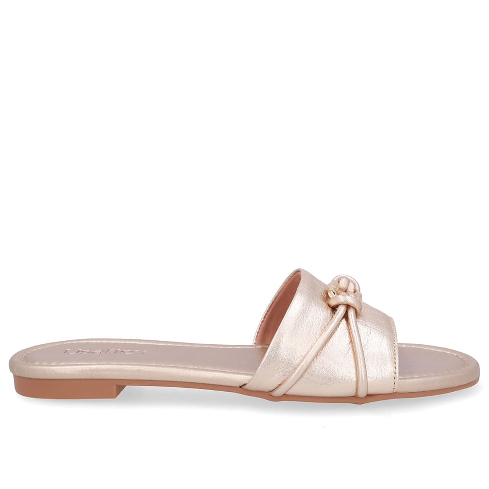 Rasteira Bico Redondo Couro Dourada Tira Enfeite