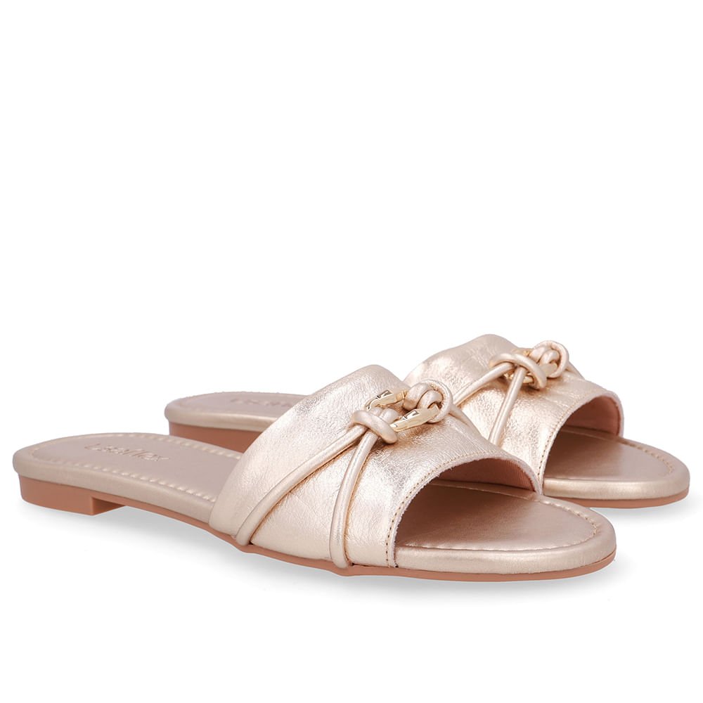 Rasteira Bico Redondo Couro Dourada Tira Enfeite Dourado 2