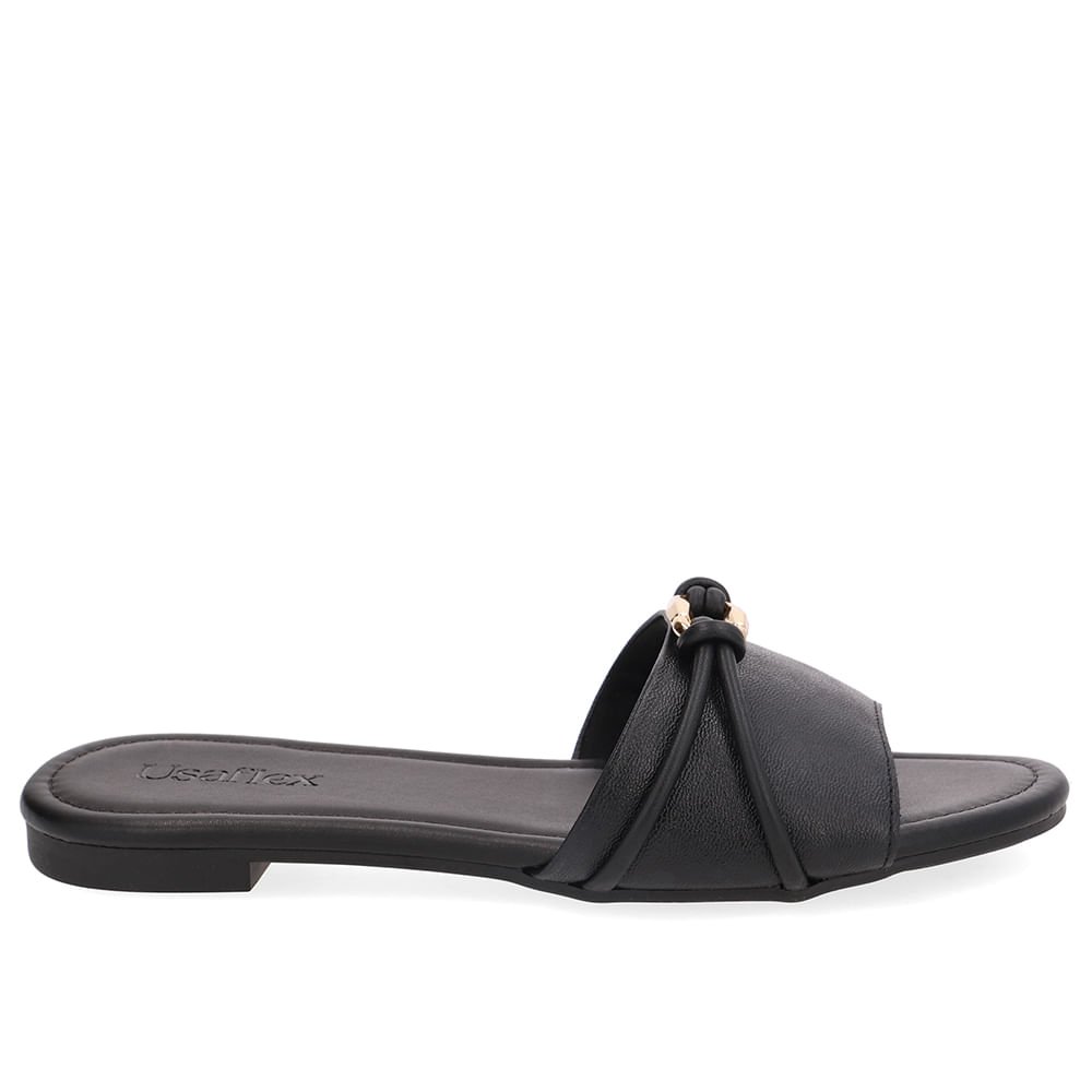 Rasteira Bico Redondo Couro Preta Tira Enfeite