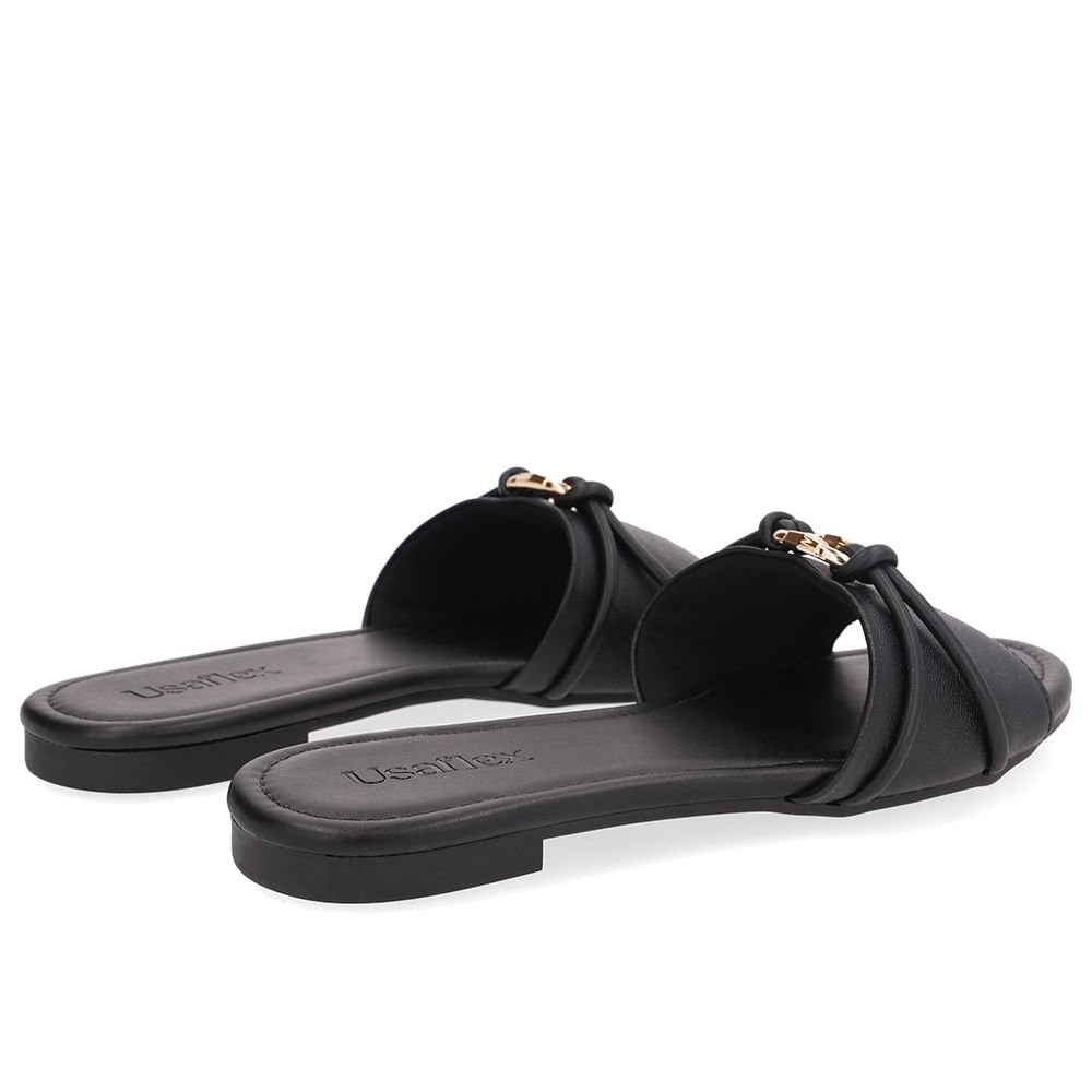 Rasteira Bico Redondo Couro Preta Tira Enfeite Preto 3