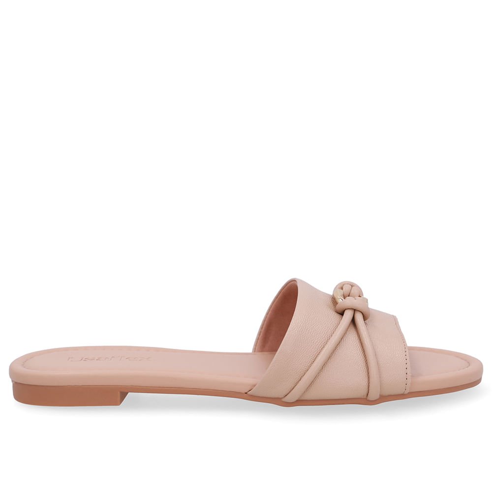 Rasteira Bico Redondo Couro Bege Tira Enfeite