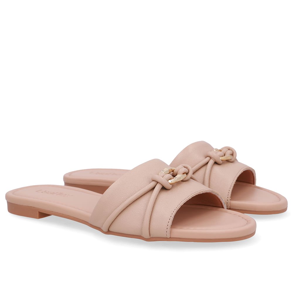 Rasteira Bico Redondo Couro Bege Tira Enfeite Bege 2