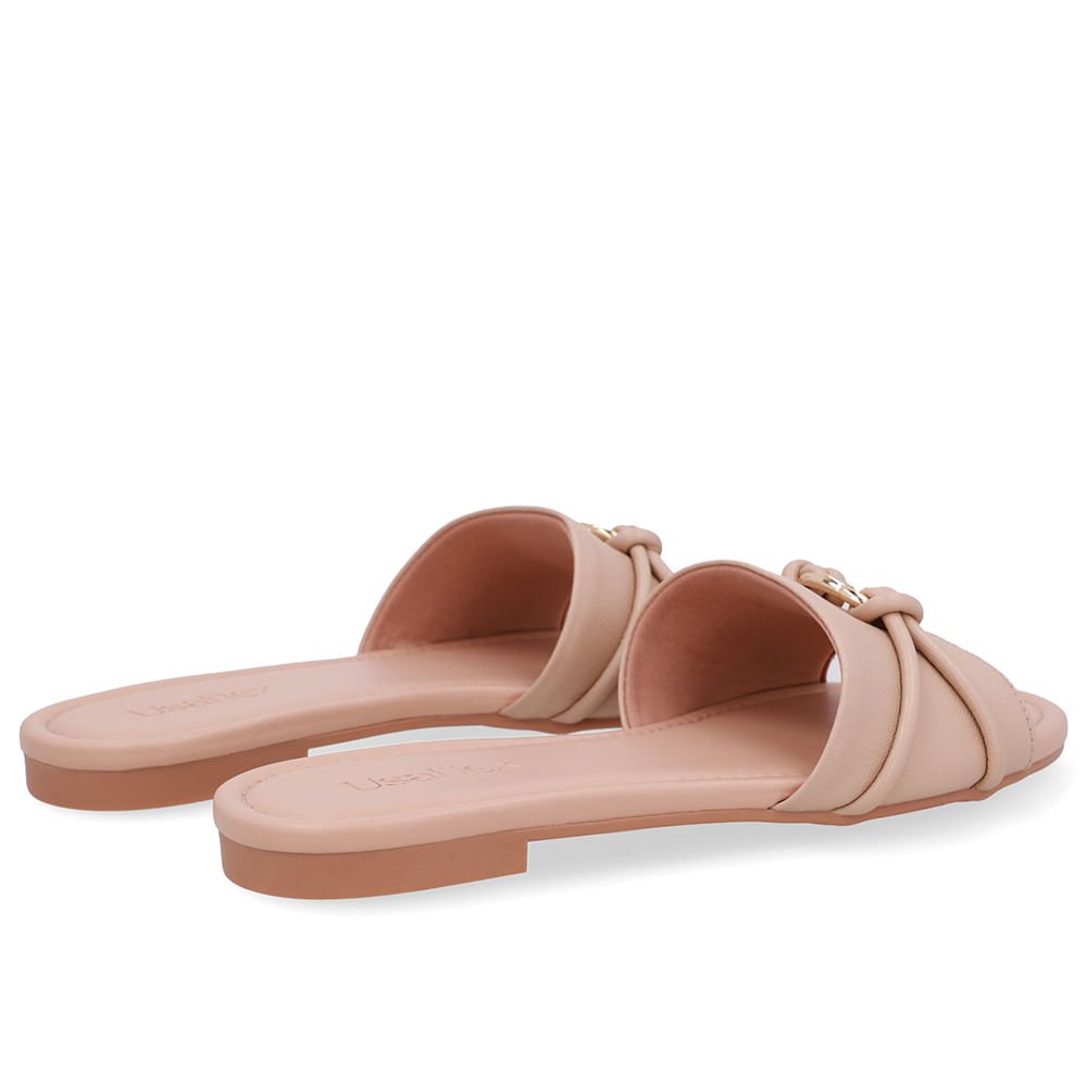 Rasteira Bico Redondo Couro Bege Tira Enfeite Bege 3