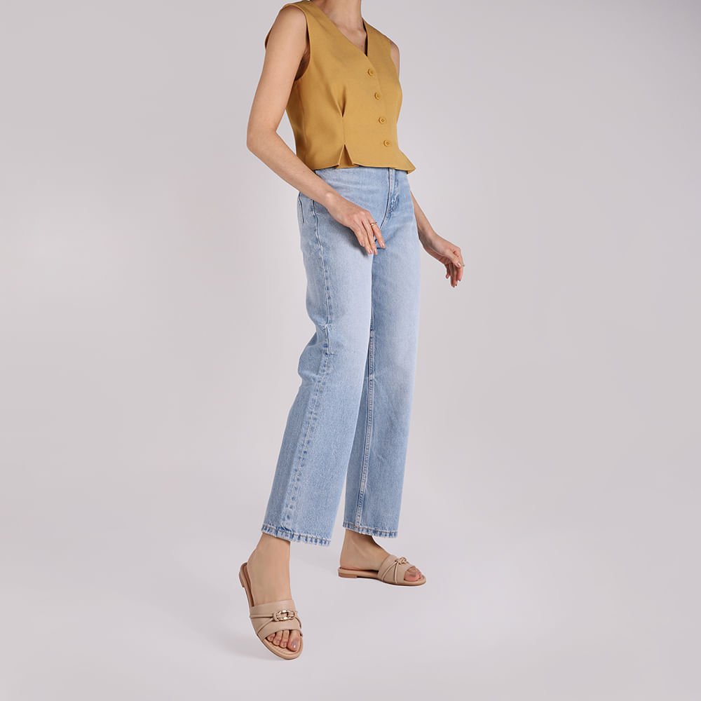 Rasteira Bico Redondo Couro Bege Tira Enfeite Bege 4