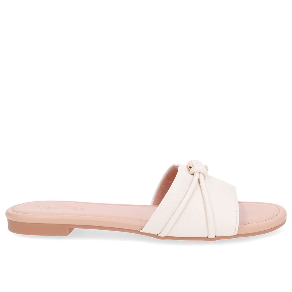 Rasteira Bico Redondo Couro Branca Marfim Tira Enfeite