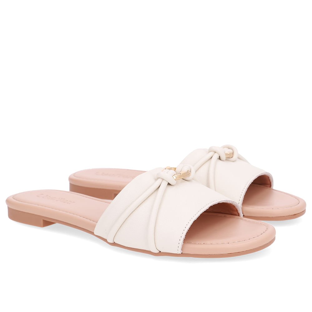 Rasteira Bico Redondo Couro Branca Marfim Tira Enfeite Branco 2