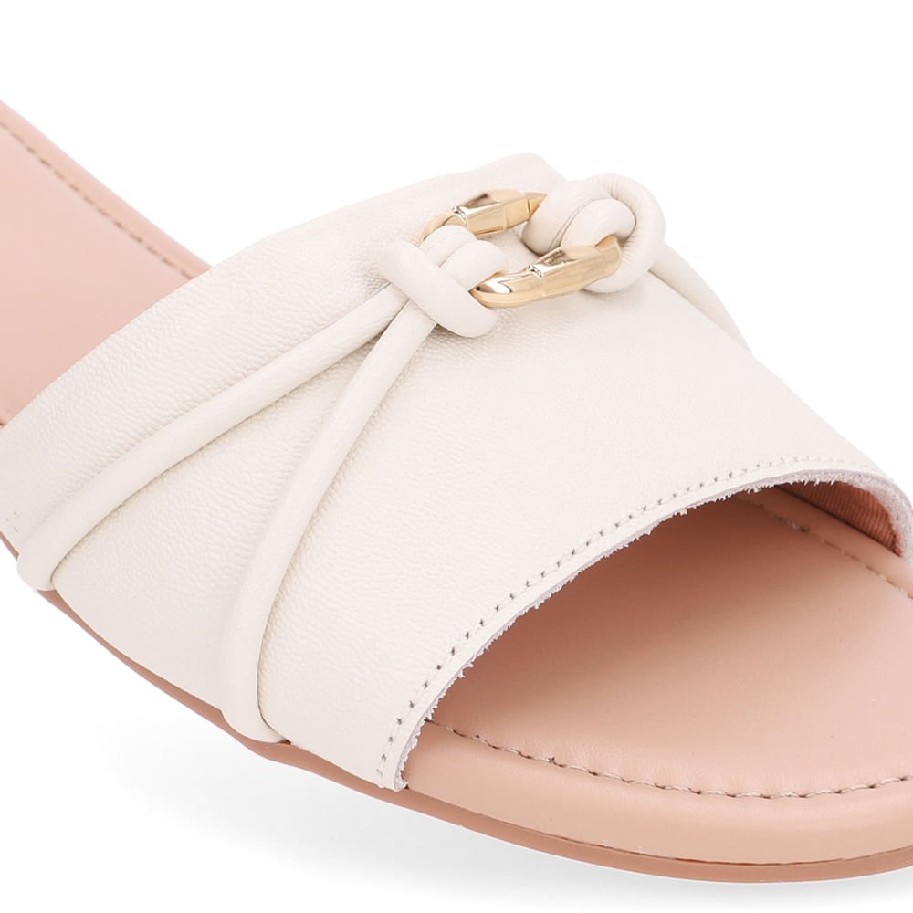 Rasteira Bico Redondo Couro Branca Marfim Tira Enfeite Branco 4