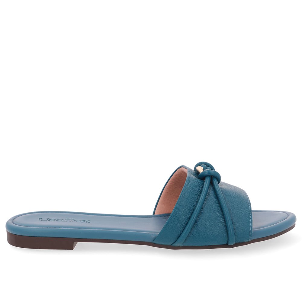 Rasteira Bico Redondo Couro Azul Tira Enfeite