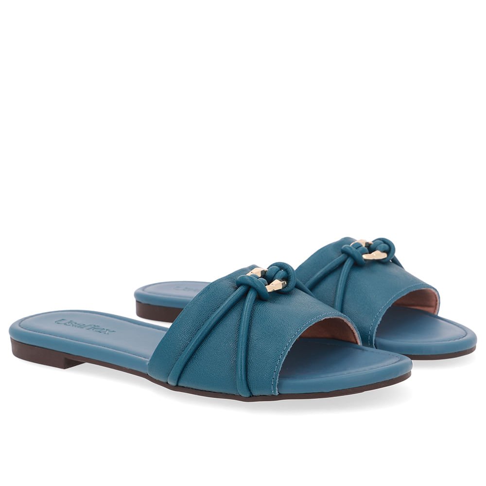 Rasteira Bico Redondo Couro Azul Tira Enfeite Azul 2