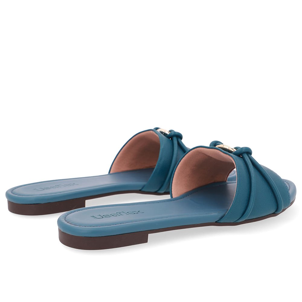 Rasteira Bico Redondo Couro Azul Tira Enfeite Azul 3