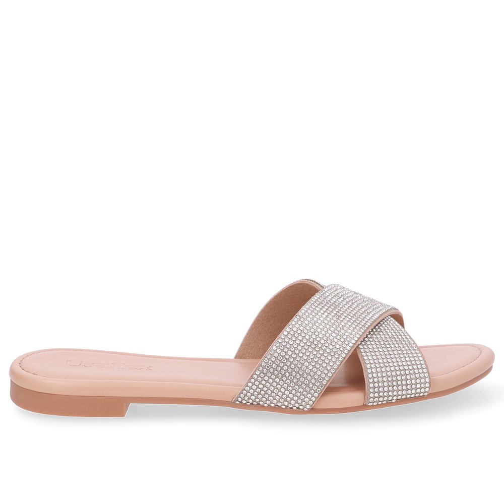 Slide Bege Rasteiro Tira Strass