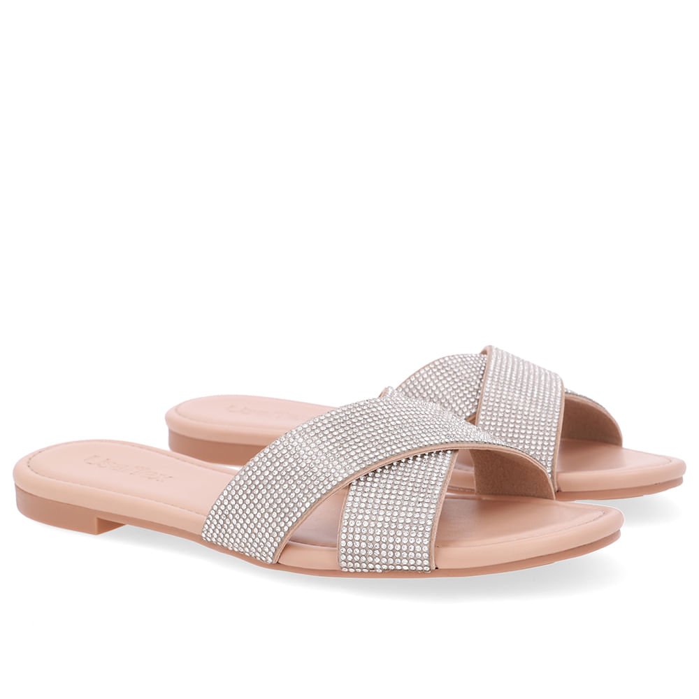 Slide Bege Rasteiro Tira Strass Dourado 2