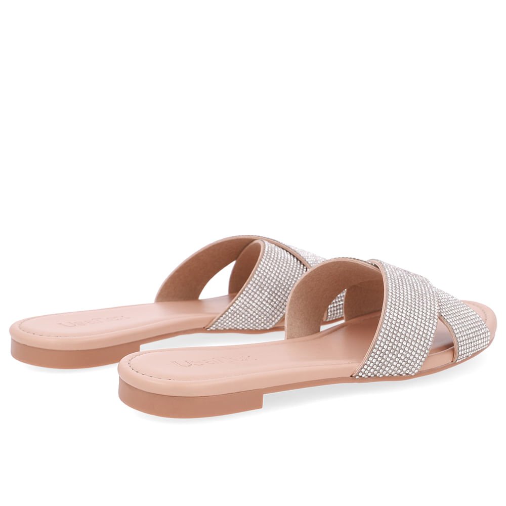 Slide Bege Rasteiro Tira Strass Dourado 3