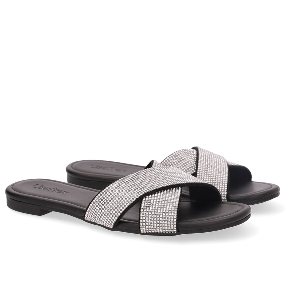Slide Preto Rasteiro Tira Strass Prata 2
