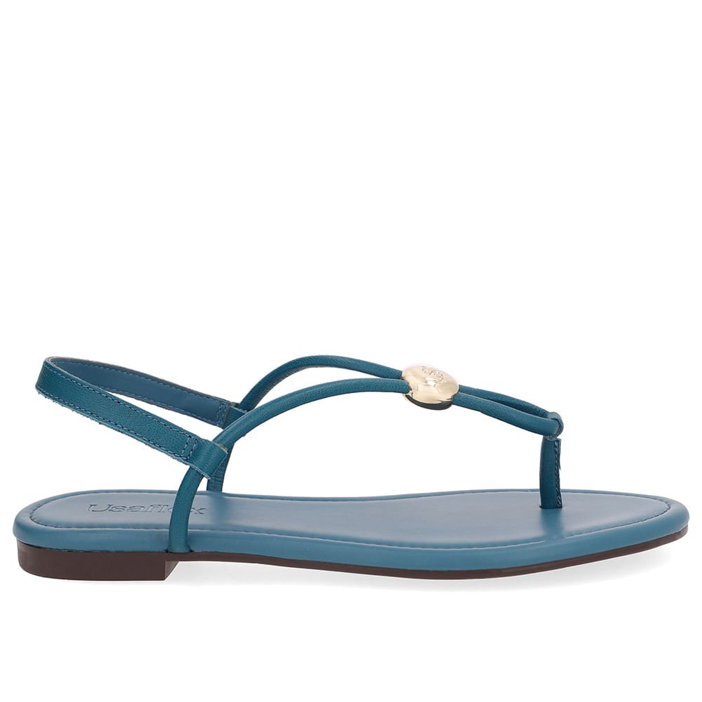 Sandália Rasteira Couro Azul Enfeite