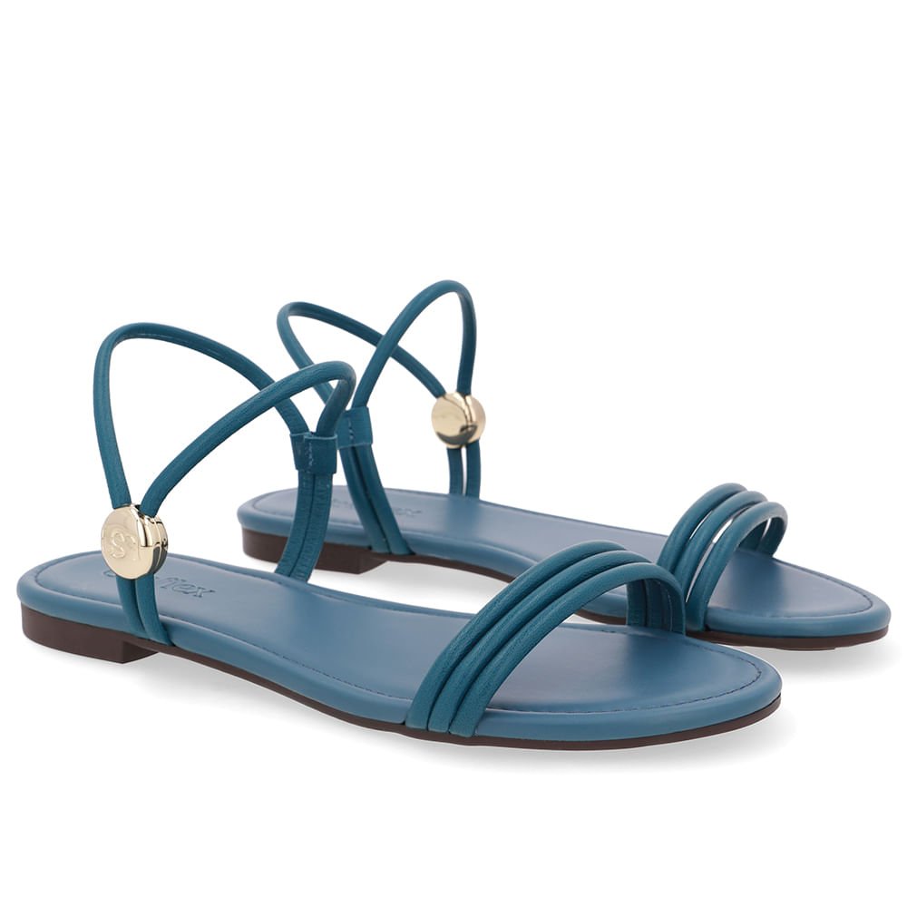 Sandália Rasteira Couro Tiras Azul Azul 2