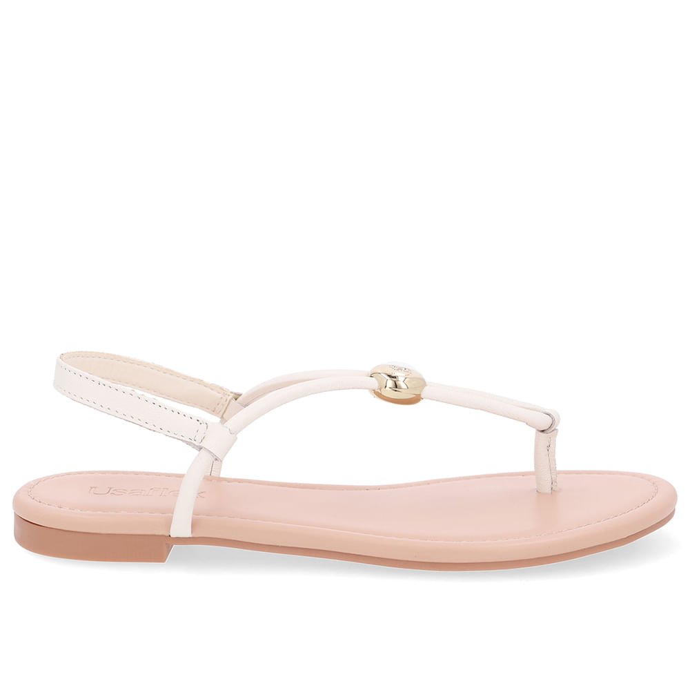 Sandália Rasteira Couro Branca Marfim Enfeite