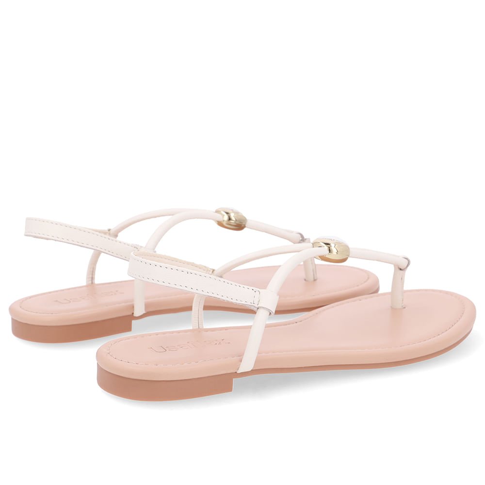 Sandália Rasteira Couro Branca Marfim Enfeite Branco 3