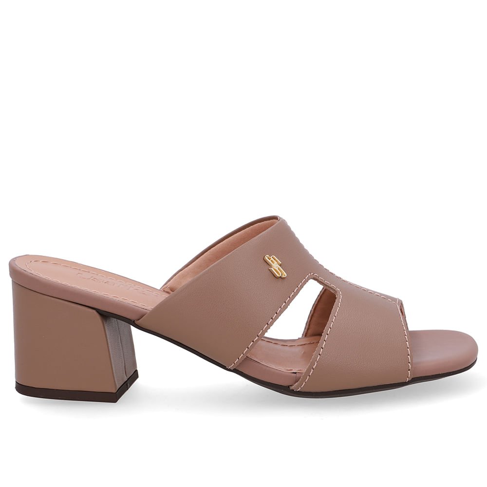 Tamanco Salto Bloco Couro Marrom Recorte