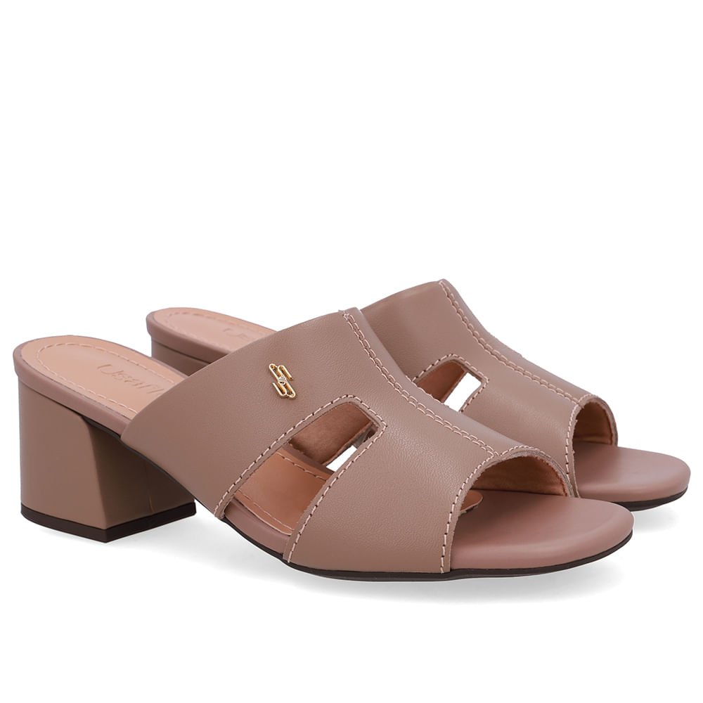 Tamanco Salto Bloco Couro Marrom Recorte Marrom 2