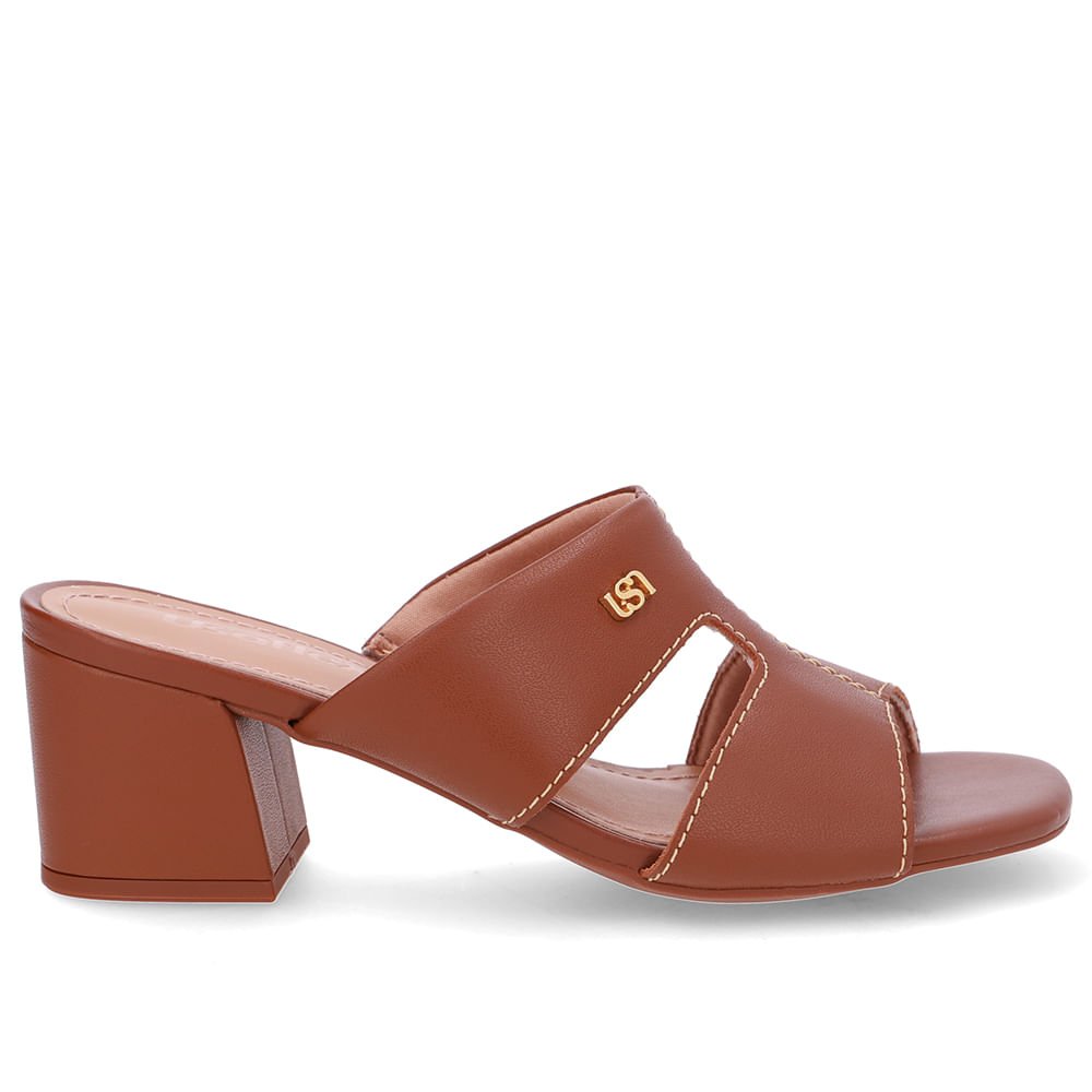 Tamanco Salto Bloco Couro Marrom Recorte