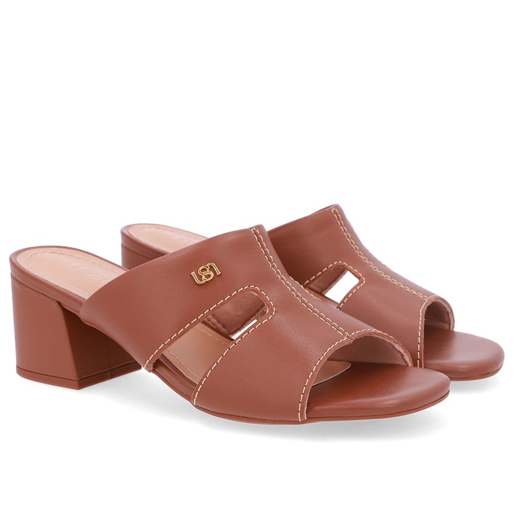 Tamanco Salto Bloco Couro Marrom Recorte Marrom 2