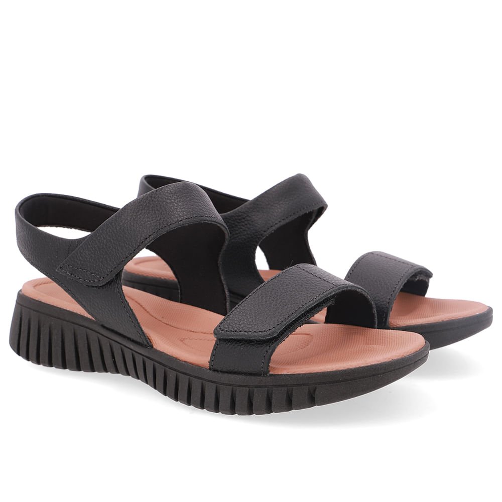 Sandália Tiras Fecho-Flex Couro Preta Preto 2