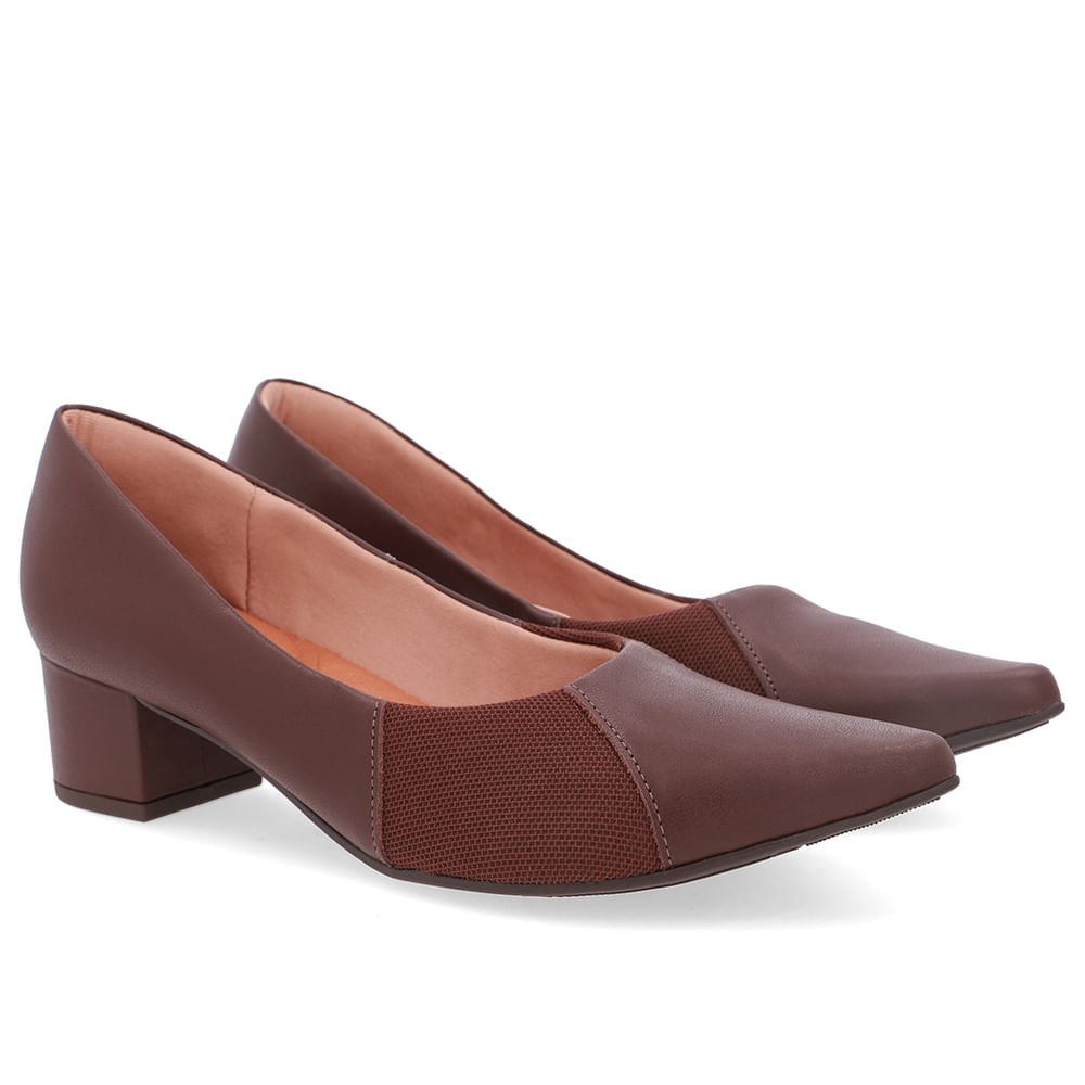 Scarpin Couro Marrom Bico Fino Lateral Tecido Marrom 2